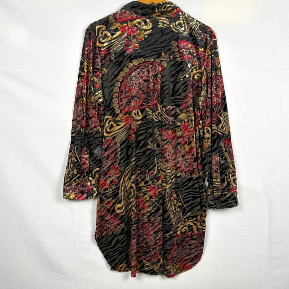 Women's Long Sleeve Velvet Burnout Tunic Top Button Up Sz L Boho Gypsy Caleoas - Picture 5 of 12